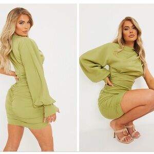 SAGE GREEN ONE SLEEVE RUCHED WOVEN BODYCON DRESS